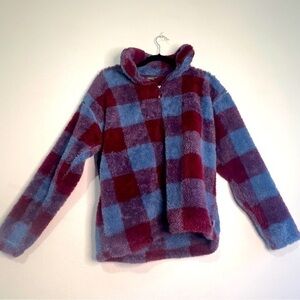 Eddie Bauer blue & red checkered blanket pullover jacket, Sz L. Preowned.